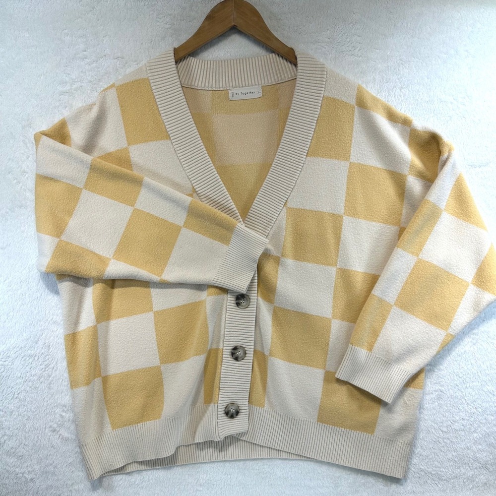 By Together Soft Girl Checkered Cardigan Size L Retro Pastel Knit Yellow Cream